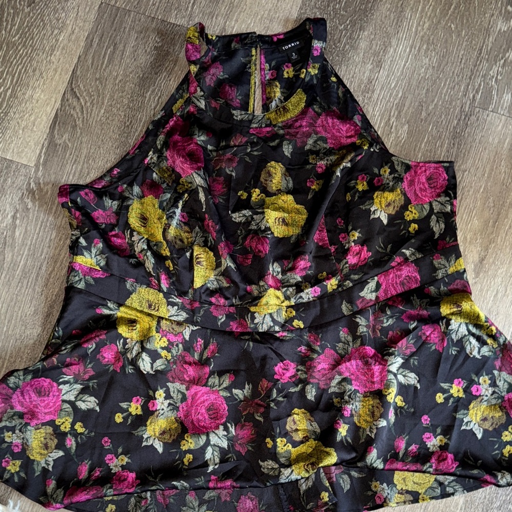Torrid Black Floral Top with Pink and Yellow Accents